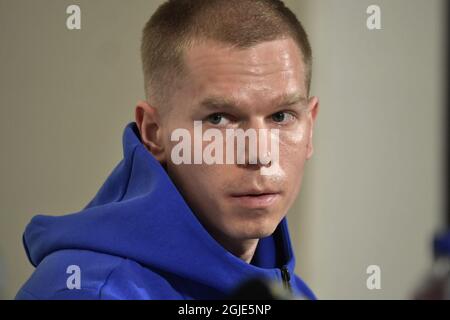 Ilja Antonov, joueur de l'équipe nationale estonienne de football, lors d'une conférence de presse à Friends Arena, Stockholm Suède le 30 mars 2021 avant un match de football amical contre la Suède demain mercredi. Photo: Janerik Henriksson/TT Kod 10010 Banque D'Images