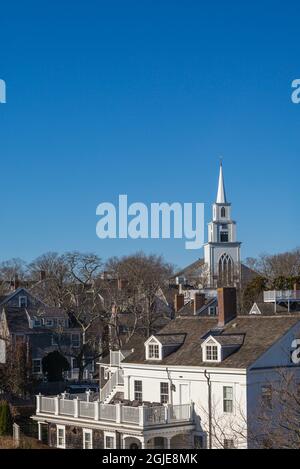 États-Unis, Massachusetts, Nantucket Island. Nantucket Town, première église congrégationale extérieure. Banque D'Images