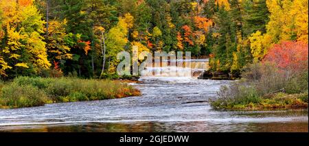 États-Unis, Michigan, Upper Peninsula, Parc d'État de Tahquamenon Falls, Panorama de la rivière Tahquamenon en automne Banque D'Images