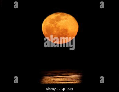 Immense pleine lune surplombant l'océan Atlantique, South Padre Island, Texas Banque D'Images