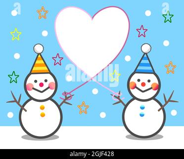 Deux bonhommes de neige mignons attachés avec une ficelle en forme de cœur sur fond bleu clair Banque D'Images