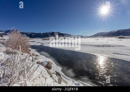 En hiver, il gèle le long de la rivière Lamar dans le parc national de Yellowstone, Wyoming, aux États-Unis Banque D'Images