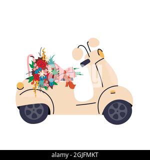 Livraison de fleurs moto. Mobylette avec bouquet sur le siège. Illustration à vecteur isolé eps 10. Illustration de Vecteur