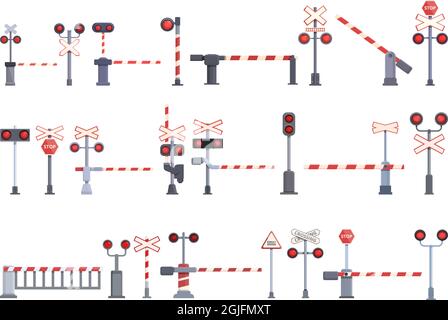 Les icônes de traversée de chemin de fer définissent le vecteur de dessin animé. Signal de chemin de fer. Barrière de train d'alerte Illustration de Vecteur