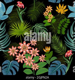 Motif sans couture avec fleurs vives et feuilles tropicales de palmier sur fond sombre. Fond vectoriel botanique, fond d'écran jungle. Illustration de Vecteur