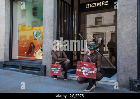 Londres, Royaume-Uni. 8 septembre 2021. Deux partisans du PETA portant des masques de crocodile vénitien se posent devant le magasin Hermès de New Bond Street pour protester contre l'utilisation des peaux exotiques par la maison de luxe. La campagne de PETA a été lancée à la suite de la sortie de la vidéo du projet de gentillesse montrant des crocodiles mutilés, électrocoutés, poignardés et tournés sur des fermes en Australie avec des liens avec Hermès et PETA appellent la marque de mode à cesser d'utiliser des peaux exotiques pour leurs produits. Crédit : Mark Kerrison/Alamy Live News Banque D'Images