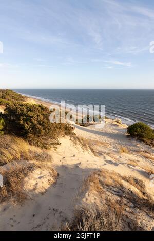 Le littoral le plus long de l'Espagne est celui de Huelva. De 'Matalascanas' à 'Ayamonte'. Côte avec falaises, dunes, pins, végétation verte. JE Banque D'Images