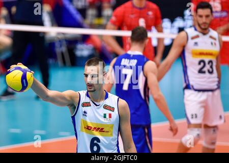 Ostrava, République tchèque. 09e septembre 2021. Simone Giannelli d'Italie en action pendant le championnat d'Europe de volley-ball masculin jeu du groupe B République Tchèque contre Italie à Ostrava, République Tchèque, 9 septembre 2021. Crédit: Jaroslav Ozana/CTK photo/Alay Live News Banque D'Images