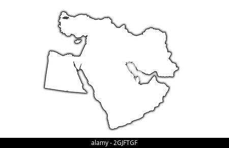 Territoire et frontières de la région du Moyen-Orient sur carte isolée sur blanc Banque D'Images