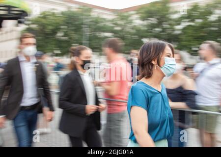 Die Kanzlerkandidatin von Bündnis 90/Die Grünen Annalena Baerbock in Bewegung BEI der großen Wahlkampfkundgebung am 9. Septembre 2021 à München. * le candidat de la chancelière pour le Parti Vert Annalena Charlotte Alma Baerbock se présente au grand rassemblement électoral le 9 septembre 2021 à Munich, en Allemagne. (Photo par Alexander Pohl/Sipa USA) crédit: SIPA USA/Alay Live News Banque D'Images