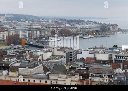 Genève, Suisse - 26 novembre 2016 : paysage urbain du quartier central de Genève et du lac de Genève Banque D'Images