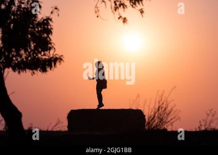 silhouette d'une femme dans le champ sur une balle de paille au coucher du soleil avec le soleil derrière elle et branches d'arbre sur les côtés. Image chaude. Banque D'Images