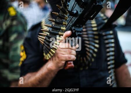 Gaza, Palestine. 09e septembre 2021. Un combattant palestinien de Saraya Al-Quds vu lors d'une marche militaire pour célébrer l'évasion des six prisonniers palestiniens de la prison israélienne de 'Gilboa' il y a deux jours dans le camp de réfugiés de Dair Al-Balah, dans la bande centrale de Gaza. Crédit : SOPA Images Limited/Alamy Live News Banque D'Images