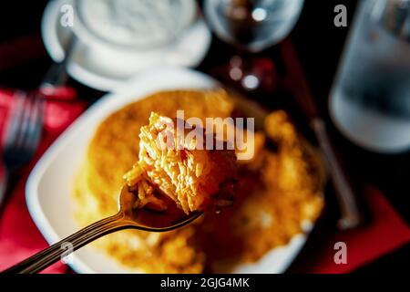 Riz biryani de poulet indien épicé à la raita fraîche Banque D'Images