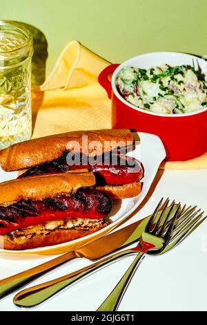 Sous-sandwich à la saucisse de kielbasa grillé au charbon de bois avec sauce à la déesse verte et salade de pommes de terre Banque D'Images