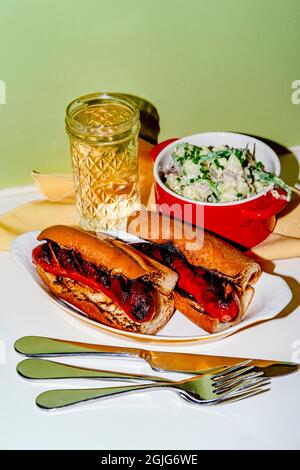 Sous-sandwich à la saucisse de kielbasa grillé au charbon de bois avec sauce à la déesse verte et salade de pommes de terre Banque D'Images