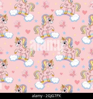 Motif sans couture avec de jolies licornes sur un arc-en-ciel, des papillons et des coeurs. Arrière-plan magique avec des licornes. Illustration vectorielle en rose. Pour Desi Illustration de Vecteur