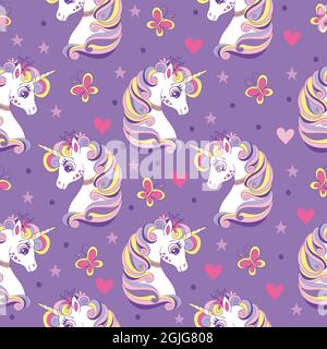 Motif sans couture avec têtes de licornes, papillons, coeurs et étoiles. Arrière-plan magique avec des licornes. Illustration vectorielle dans des couleurs tendance. Pour la conception, Illustration de Vecteur