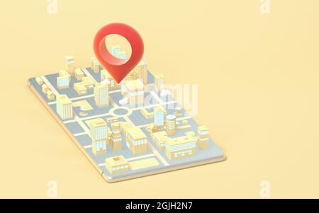 Téléphone intelligent et emplacement, rendu 3d. Dessin numérique informatique. Banque D'Images