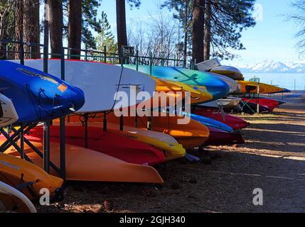 VILLAGE INCLINÉ, NV –11 APR 2021- des casiers de kayaks et planches de surf colorés dans les bois sur la rive du lac Tahoe. Banque D'Images