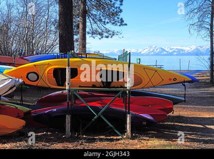 VILLAGE INCLINÉ, NV –11 APR 2021- des casiers de kayaks et planches de surf colorés dans les bois sur la rive du lac Tahoe. Banque D'Images