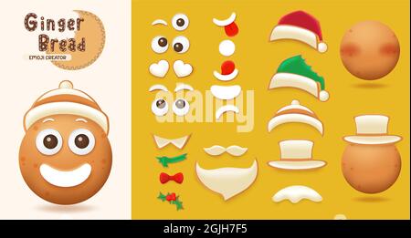 Ensemble de créateur d'émotiji de noël avec pain de gingembre. Kit modifiable visage, yeux et bouche de personnage de pain de gingembre avec différentes expressions du visage pour l'émotiji de Noël. Illustration de Vecteur