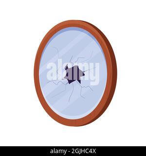 Cadre en bois avec miroir brisé de style dessin animé isolé sur fond blanc. Pas de chance, accident, verre fissuré. Illustration vectorielle Illustration de Vecteur