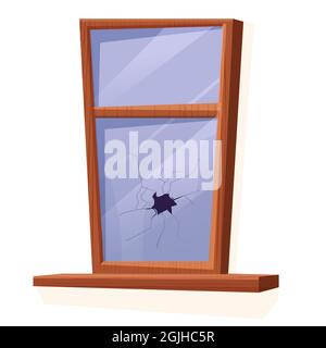 Fenêtre en bois avec verre cassé et fissuré dans le style de dessin animé isolé sur fond blanc. Accident, construction abandonnée. Illustration vectorielle Illustration de Vecteur