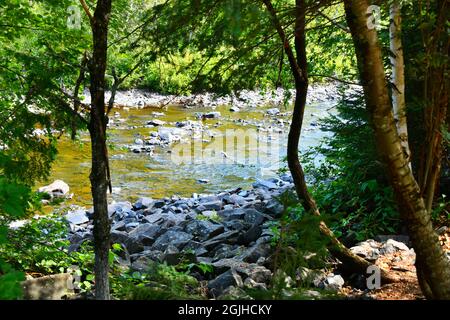 La rivière Current, qui se trouve à Thunder Bay, en Ontario, au Canada, coule à des niveaux bas cet été en raison de l'absence de pluies estivales normales. Banque D'Images