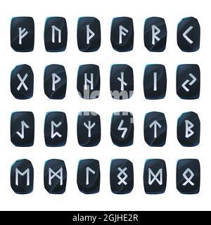 Ensemble de runes de jeu d'onyx, alphabet antique nordique, symboles du futuriste celtique viking gravés sur des pièces en pierre noire. Signes occultes ésotériques, éléments mystiques de l'interface utilisateur ou de l'interface graphique, illustration vectorielle isolée Illustration de Vecteur