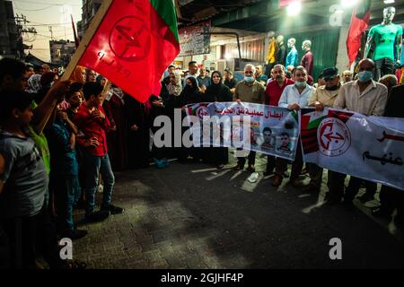 Jabalia, Palestine. 09e septembre 2021. Partisans du pflp pour une manifestation en faveur de prisonniers détenus dans des prisons israéliennes, Jabalia, dans le nord de Gaza, le 09 septembre 2021. Photo de Habboud Ramez/ABACAPRESS.COM crédit: Abaca Press/Alay Live News Banque D'Images