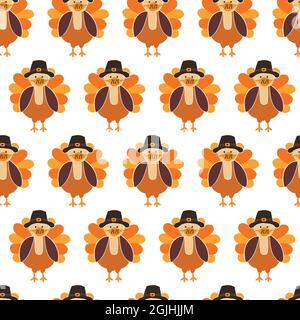 Dinde de Thanksgiving portant un masque sans couture Vector Pattern. Turkeys coronavirus social distancer arrière-plan. Virus Covid-19 pandémie art d'automne Illustration de Vecteur
