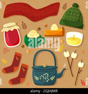 Illustration vectorielle de l'ensemble d'articles essentiels pour l'automne, style hygge. Foulard, chapeau, confiture, tarte, boisson, bougie, chaussettes, bouilloire et guimauve. Illustration de Vecteur