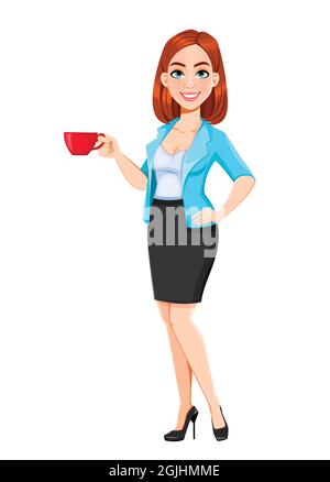 Concept de femme d'affaires moderne. Personnage de dessin animé REDHEAD femme d'affaires ayant une pause café. Illustration vectorielle sur fond blanc Illustration de Vecteur