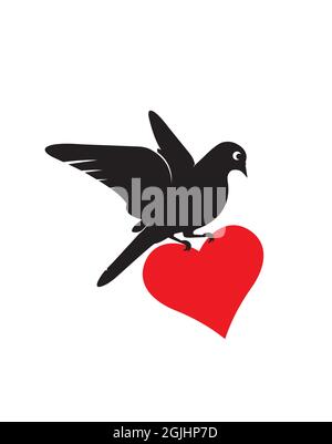 Illustration de silhouette d'oiseau volant avec grand coeur rouge, vecteur. Silhouette d'oiseau pigeon isolée sur fond blanc. Dessin animé. Art mural Illustration de Vecteur