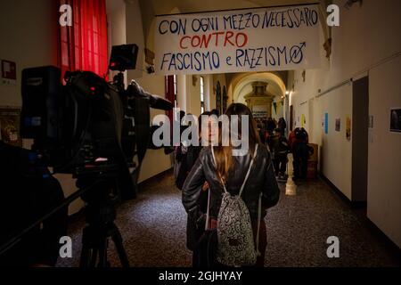 Bologne, Italie 15 avril 2018. La première assemblée nationale de coursiers italiens de livraison de nourriture en ligne a eu lieu à Bologne. L'assem Banque D'Images