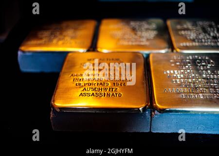 Bologne, ITALIE. 08 janvier 2020. Stolpersteine (bloc de 'Stumbling' en allemand) sont vus à l'intérieur de 'Comune di Bologna' pendant l'aperçu de la presse à Bologne, Banque D'Images