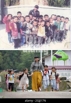 (210910) -- NANCHANG, 10 septembre 2021 (Xinhua) -- HAUT: Fichier non daté photo montre l'enseignant rural Zhi Yueying posant avec les étudiants;BAS: Zhi escorte les étudiants en chemin à la maison dans le canton de Zanoxia du comté de Fengxin, province de Jiangxi en Chine orientale, 2 septembre 2021. (Photo prise par Peng Zhaozhi) Zhi a enseigné pendant 41 ans dans une école primaire de la ville. La Chine prévoit de recruter 84,330 diplômés universitaires en tant qu'enseignants dans les écoles primaires et moyennes rurales en 2021 pour promouvoir la vialisation rurale. Le recrutement est principalement pour les zones autrefois appauvries et ceux qui vivent par des minorités ethniques pour consolider p Banque D'Images