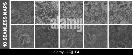 Jeu de modèles de cartes topographiques sans couture. Fond de contour de carte topographique linéaire, grille géographique. Sentier de randonnée en montagne sur le terrain. Illustration de Vecteur