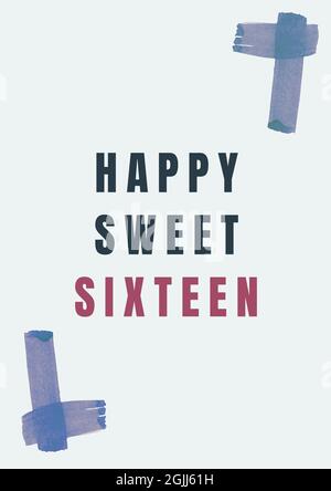 Composition de texte Happy Sweet seize avec des marqueurs d'angle bleus, sur fond gris pâle Banque D'Images