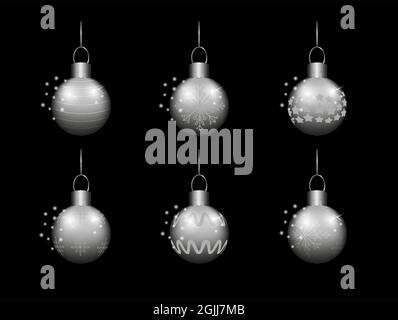 Ensemble de six boules de Noël argentées réalistes sur fond noir. Fabriqué en vecteur. Illustration de Vecteur