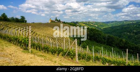 Paysage rural au printemps à Langhe près de Dogliani, province de Cuneo, Piémont, Italie, site du patrimoine mondial de l'UNESCO. Banque D'Images