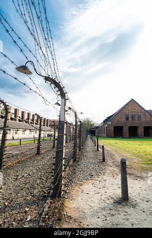 Auschwitz, Pologne - 30 août 2018 : clôture électrifiée du camp de concentration d'Auschwitz, camp d'extermination exploité par l'Allemagne nazie pendant le culte Banque D'Images