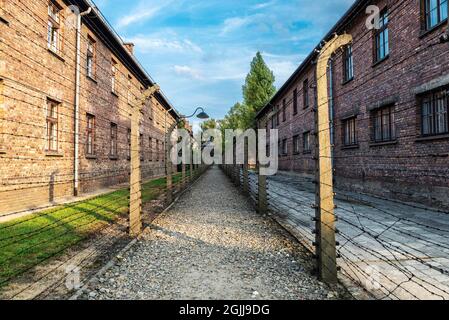 Auschwitz, Pologne - 30 août 2018 : clôture électrifiée du camp de concentration d'Auschwitz, camp d'extermination exploité par l'Allemagne nazie pendant le culte Banque D'Images