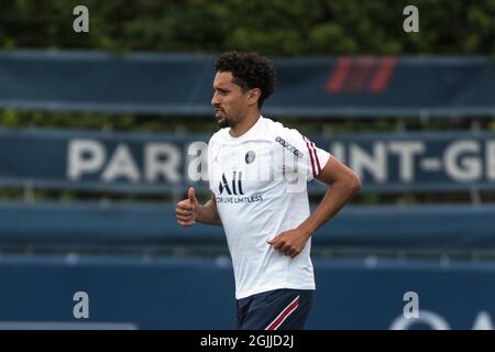 Saint Germain. France, le 10 septembre 2021. Marquinhos de Paris Saint Germain lors d'une session d'entraînement du club de football au centre d'Ooredoo (camps des Loges) à Saint Germain. Saint Germain en Laye, France, le 10 septembre 2021. Photo de Daniel Derajinski/ABACAPRESS.COM Banque D'Images