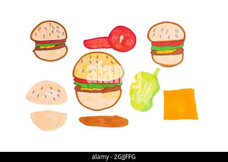 Dessin d'enfant de hamburgers sur un fond blanc isolade.coloré dessin de nourriture malsaine. Banque D'Images