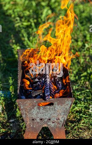 Le bois de chauffage dans le gril brûle avec une flamme orange vif de feu sur un fond vert naturel. Préparation pour la cuisson de la viande sur le gril dans la nature. Banque D'Images