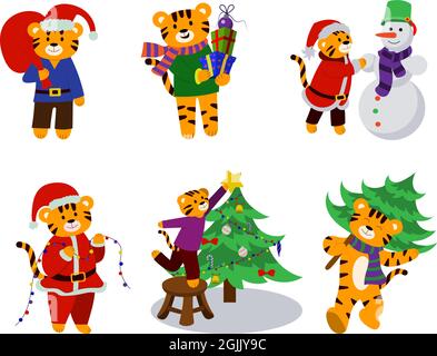 Un ensemble d'illustrations de dessins animés d'un tigre dans le style du nouvel an avec des articles de Noël dans leurs mains. Vecteur Illustration de Vecteur