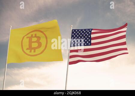 Drapeaux intéressants de BITCOIN et Etats-Unis d'Amérique Etats-Unis en agitant avec le ciel lumineux dans le rendu 3D de fond Banque D'Images