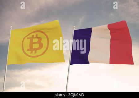 Des drapeaux intéressants de BITCOIN et DE FRANCE agitant avec le ciel lumineux dans le rendu 3D d'arrière-plan Banque D'Images